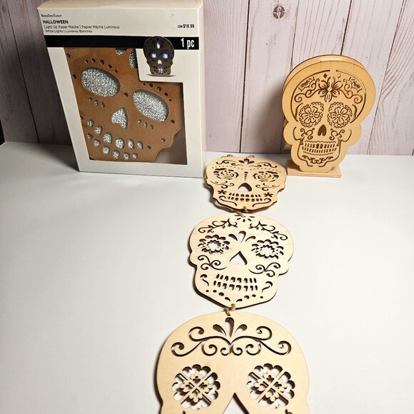 Light up wood Skull, Paper Mache skull and 3 hanging wooden Sugar Skulls DIY - Picture 1 of 6